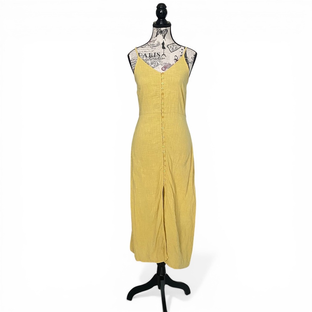 Natura Button Down Midi Dress Womens M Mustard Yellow Cotton Gauze Boho Slit